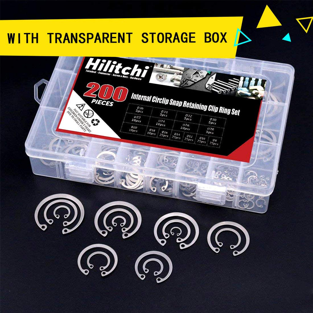 Hilitchi 200Pcs 15Sizes 304 Stainless Steel Internal Snap Ring Circlip Snap Retaining Clip Ring Assortment Set