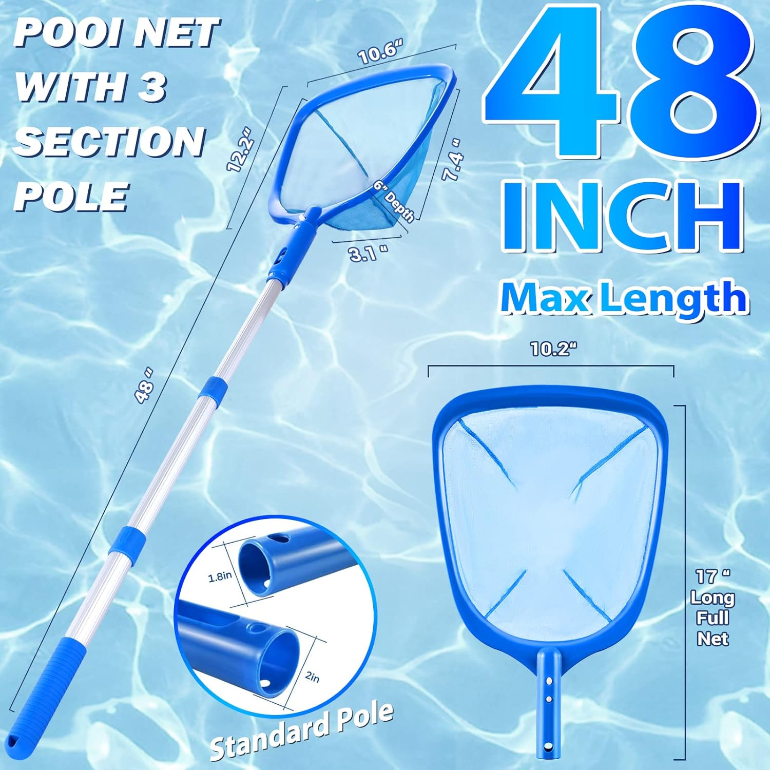 Pool Skimmer - Pool Net with 3 Section Pole, 48 inch Pool Skimmer Net with Pole Total Length, Pool Nets for Cleaning