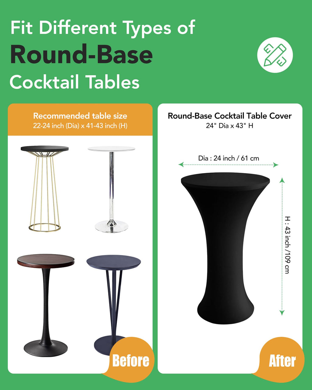 Spandex Cocktail Table Covers, 24x43 Inch, Black, 8 Pack