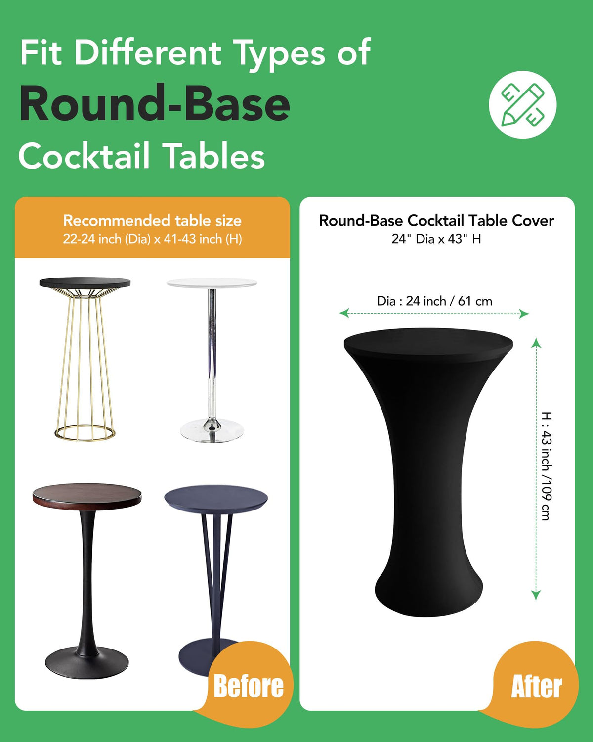 Spandex Cocktail Table Covers, 24x43 Inch, Black, 8 Pack