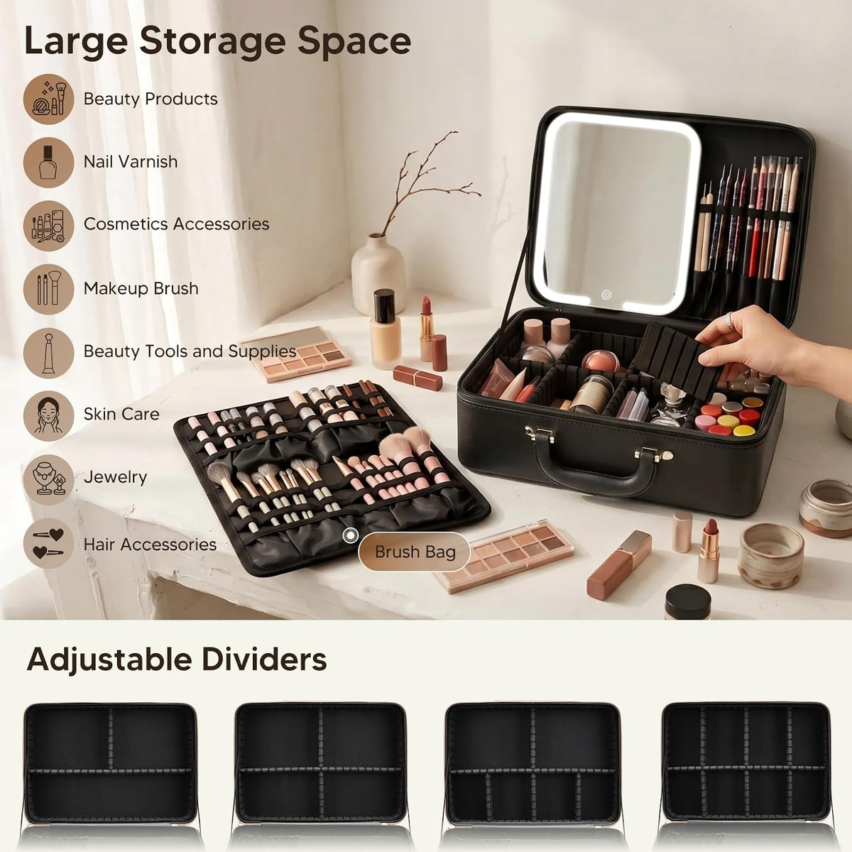 Leather Makeup Case with LED Lighted Mirror 13.58 Inch Extra Large Travel Makeup Bag Adjustable Brightness in 3