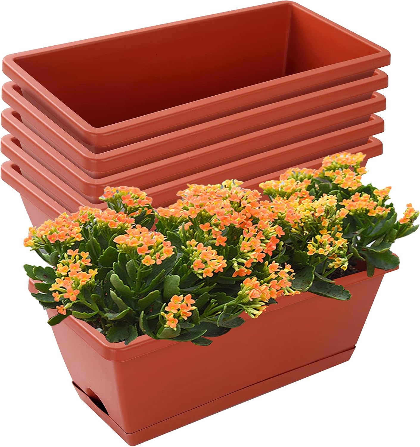 Window Box Planter, 7 Pack Plastic Vegetable Flower Planters Boxes 17 Inches Rectangular Flower Pots with Saucers for