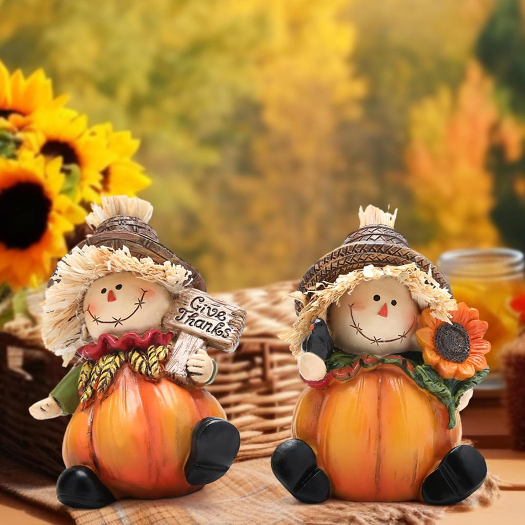 2PCS Fall Thanksgiving Scarecrow Decorations Fall Harvest Scarecrow Pumpkin Decor Figurines for Autumn Thanksgiving