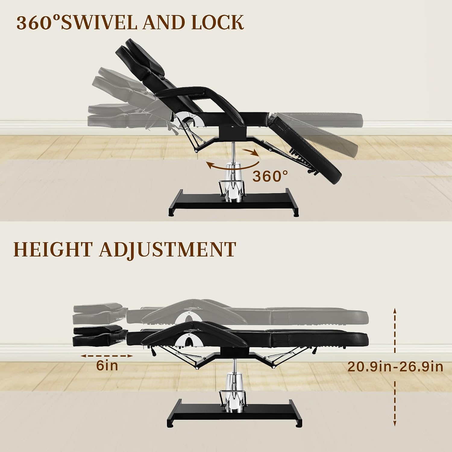 Facial Tattoo Chair for Client, Hydraulic Esthetician Lash Bed with Rolling Stool, 360° Swivel Adjustable Headrest