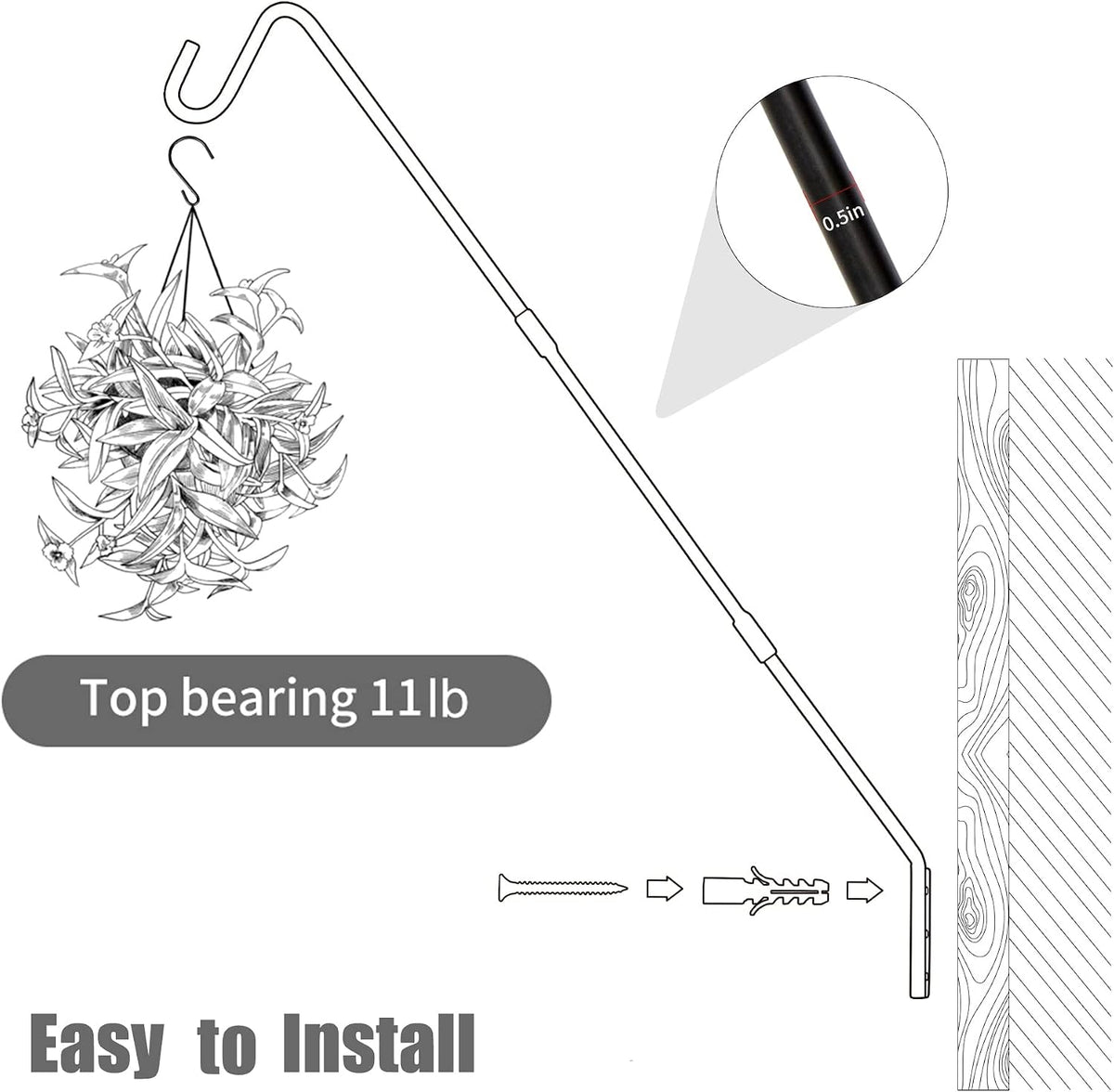 Heavy Duty Deck Hook, 25 Inch or 36 Inch Wall Mounted Extended Reach Deck Hook Wall Pole Plant Bracket for Hanging