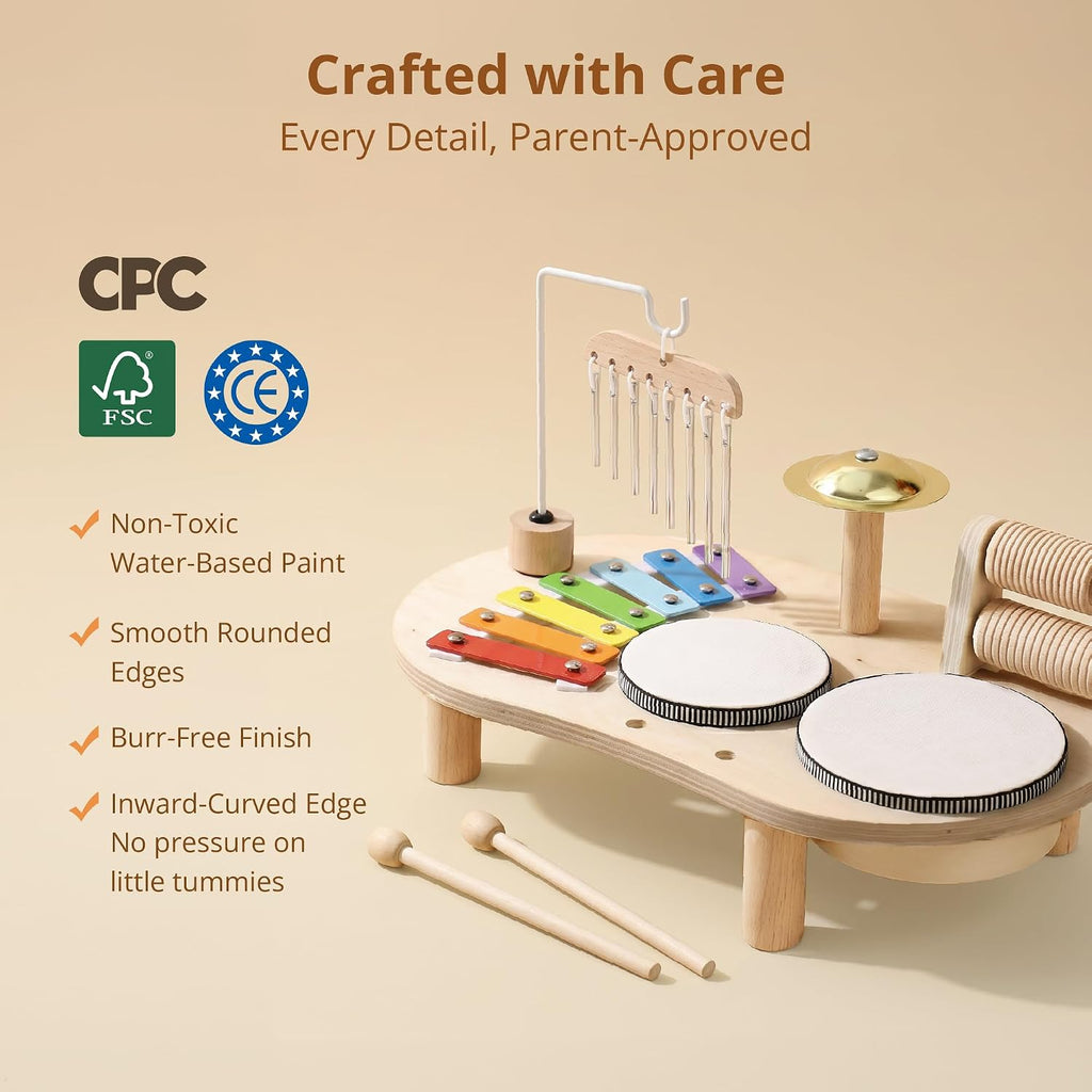 Wooden Drum Set for Toddlers 1-3, Musical Percussion Instruments for Kids Baby Drum Set Xylophone, Montessori