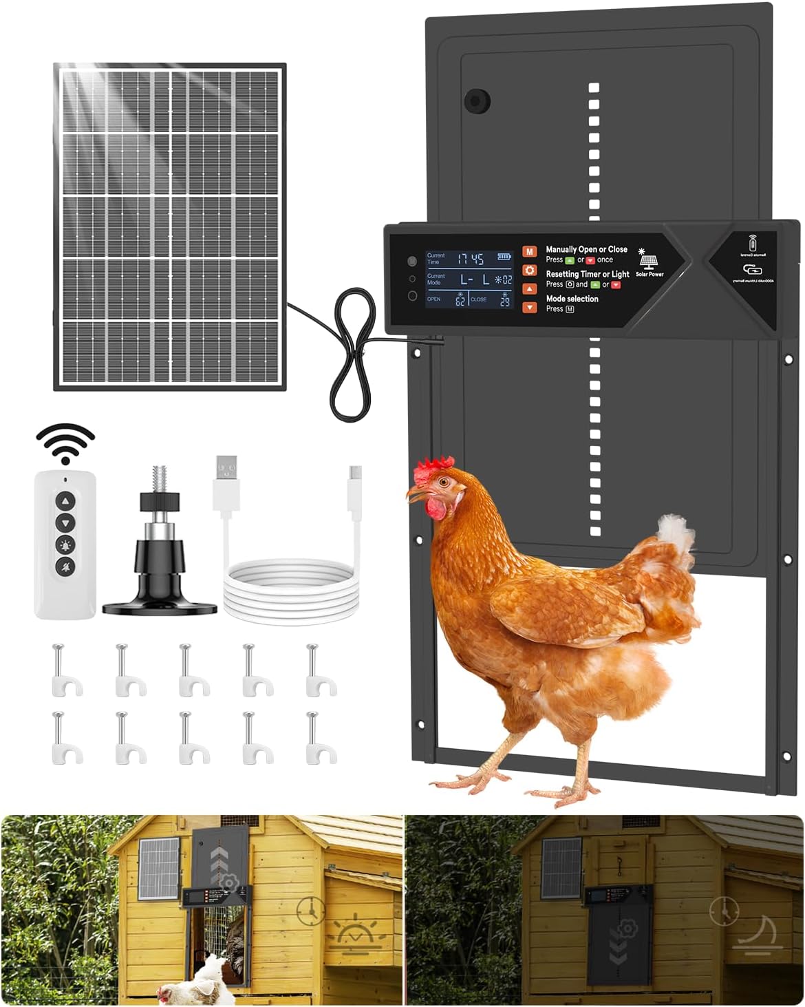 Large Automatic Chicken Coop Door Solar Powered 4000mAh High Capacity-Black