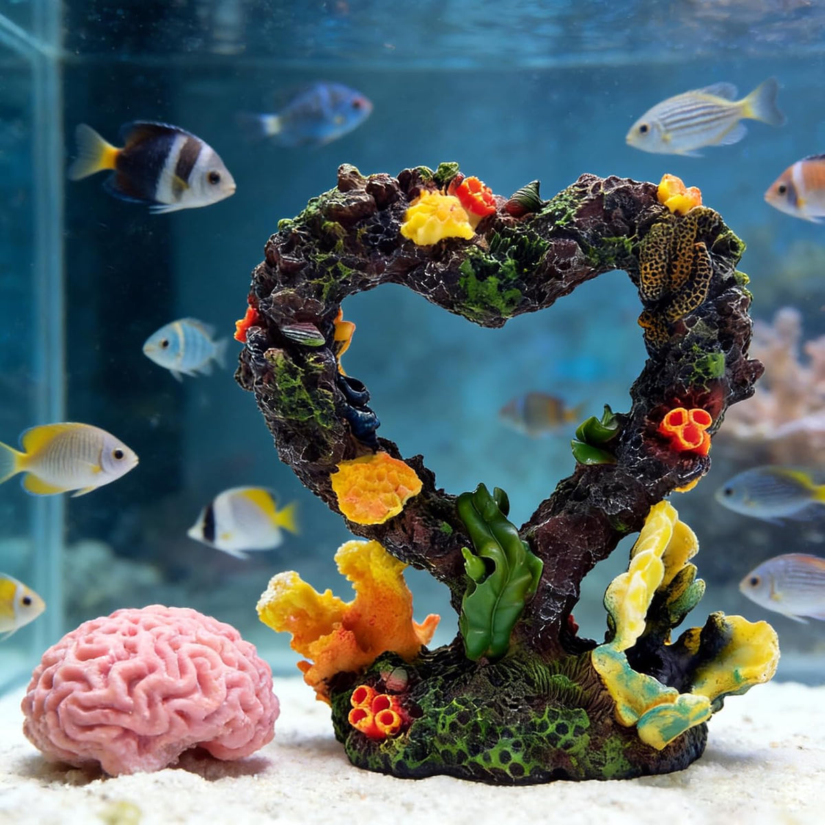 Heart Shaped Aquarium Coral Ornament, Resin Fish Tank Decoration