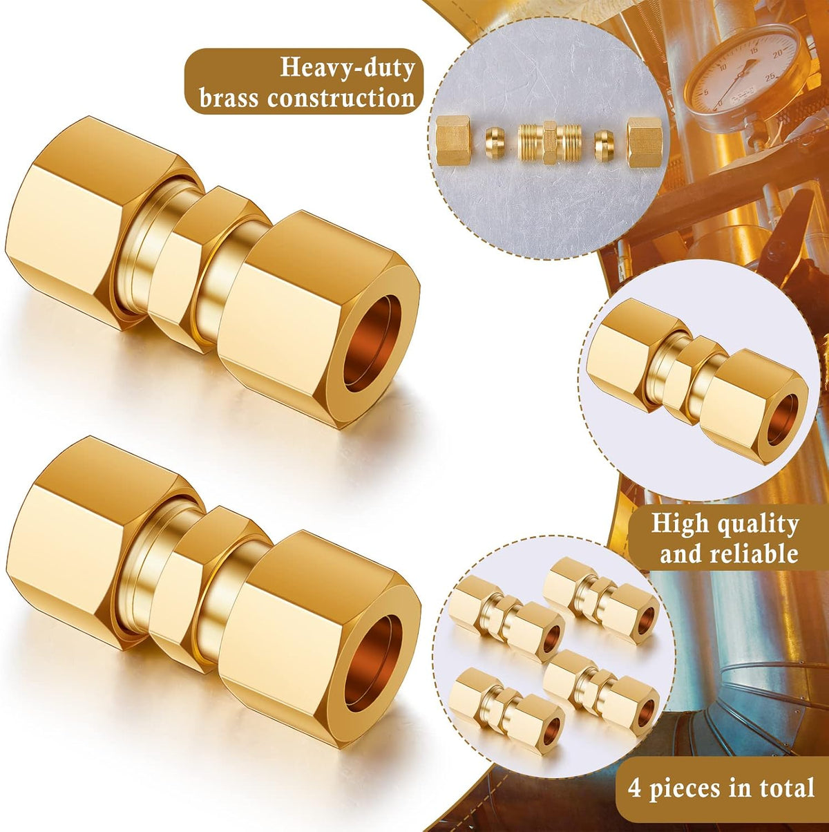 Dunzy 4 Pcs 3/8" OD Brass Compression Union, Tube Fitting Connector