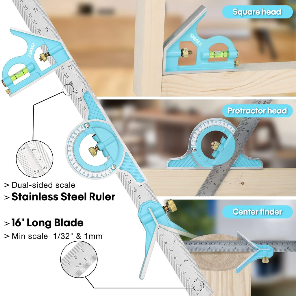 Rafter Square & Combination Square Tool Set, 7 Inch Aluminium-Alloy Carpenter Square & 16 Inch Zinc-Alloy Woodworking