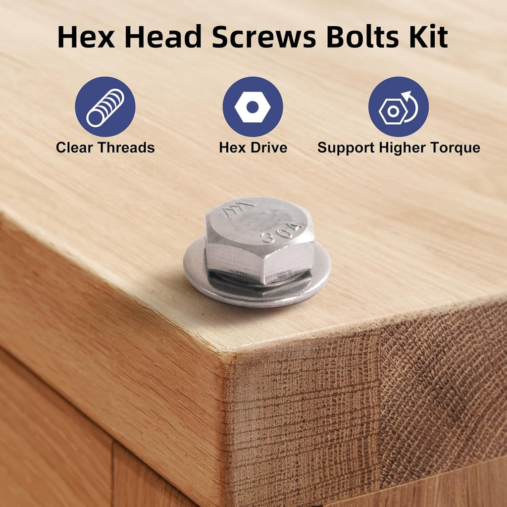 (4 Sets) 3/8-16 x 5 Hex Head Screw Bolt,Lock Nuts,Flat & Lock Washers Kits,304 Stainless Steel 18-8,Fully Threaded