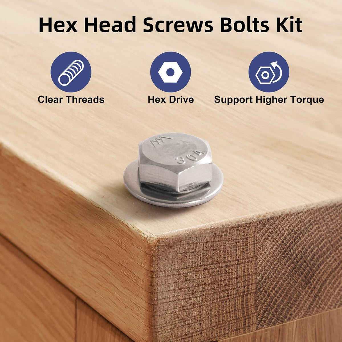 (4 Sets) 3/8-16 x 5 Hex Head Screw Bolt,Lock Nuts,Flat & Lock Washers Kits,304 Stainless Steel 18-8,Fully Threaded