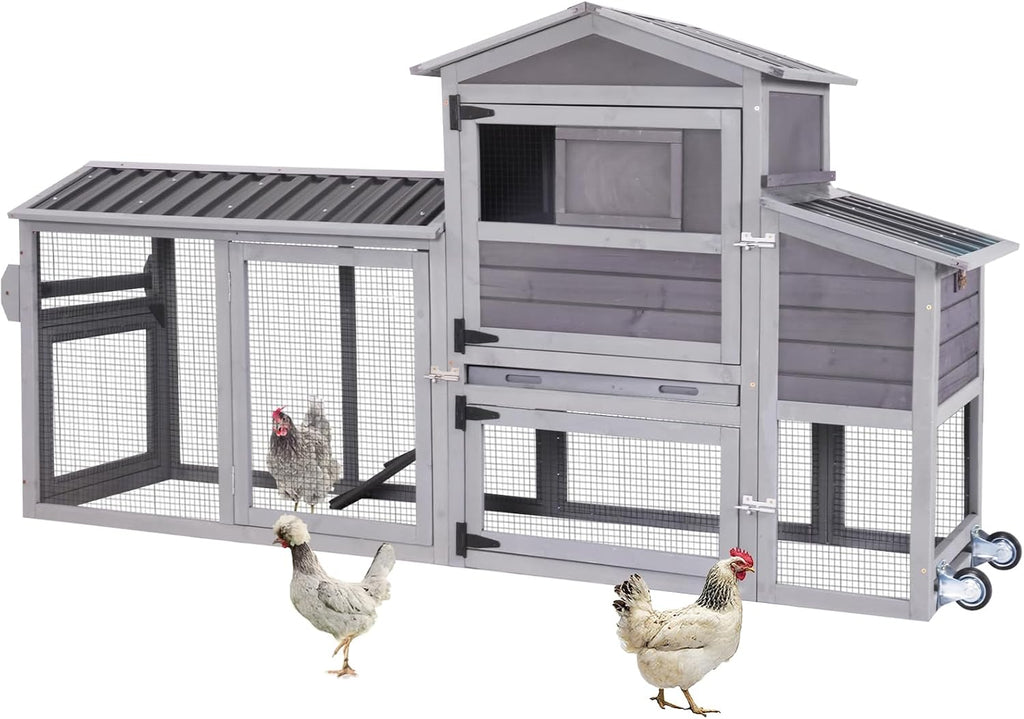 Chicken Coop with Wheels, Portable Chicken Tractor & Large Chicken House with Run, Nesting Box, Waterproof Roof &