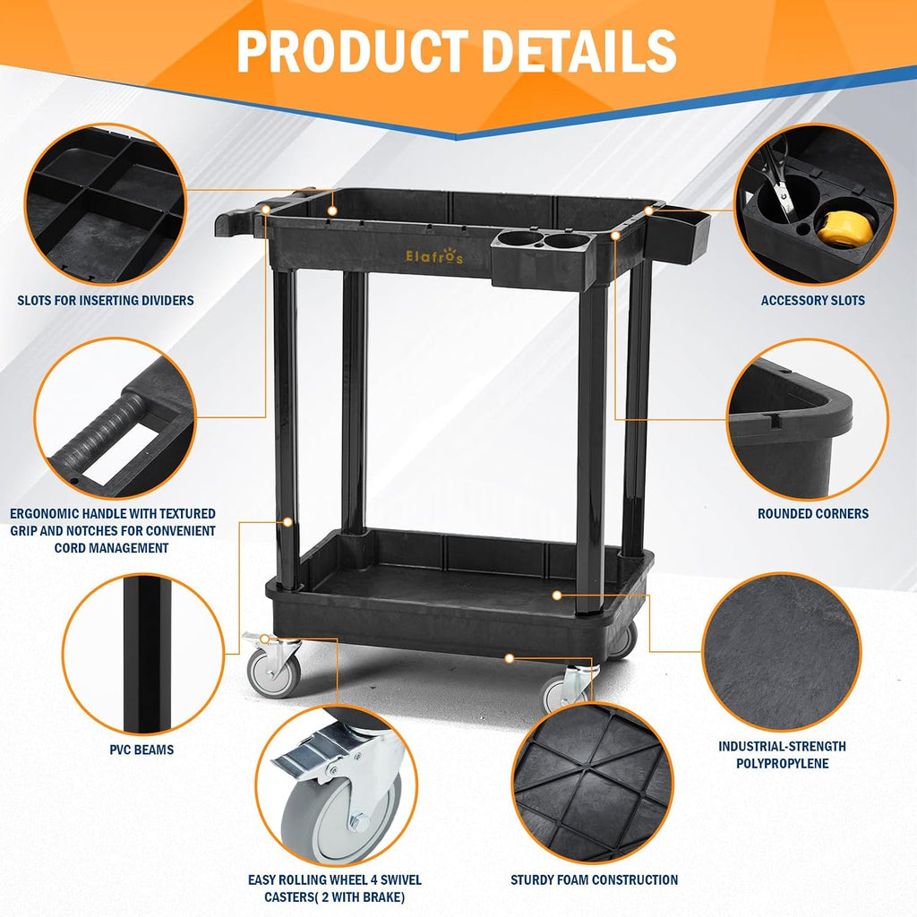 2-Shelf Heavy Duty Plastic Rolling Utility Cart, 28x19 in, 330 lbs