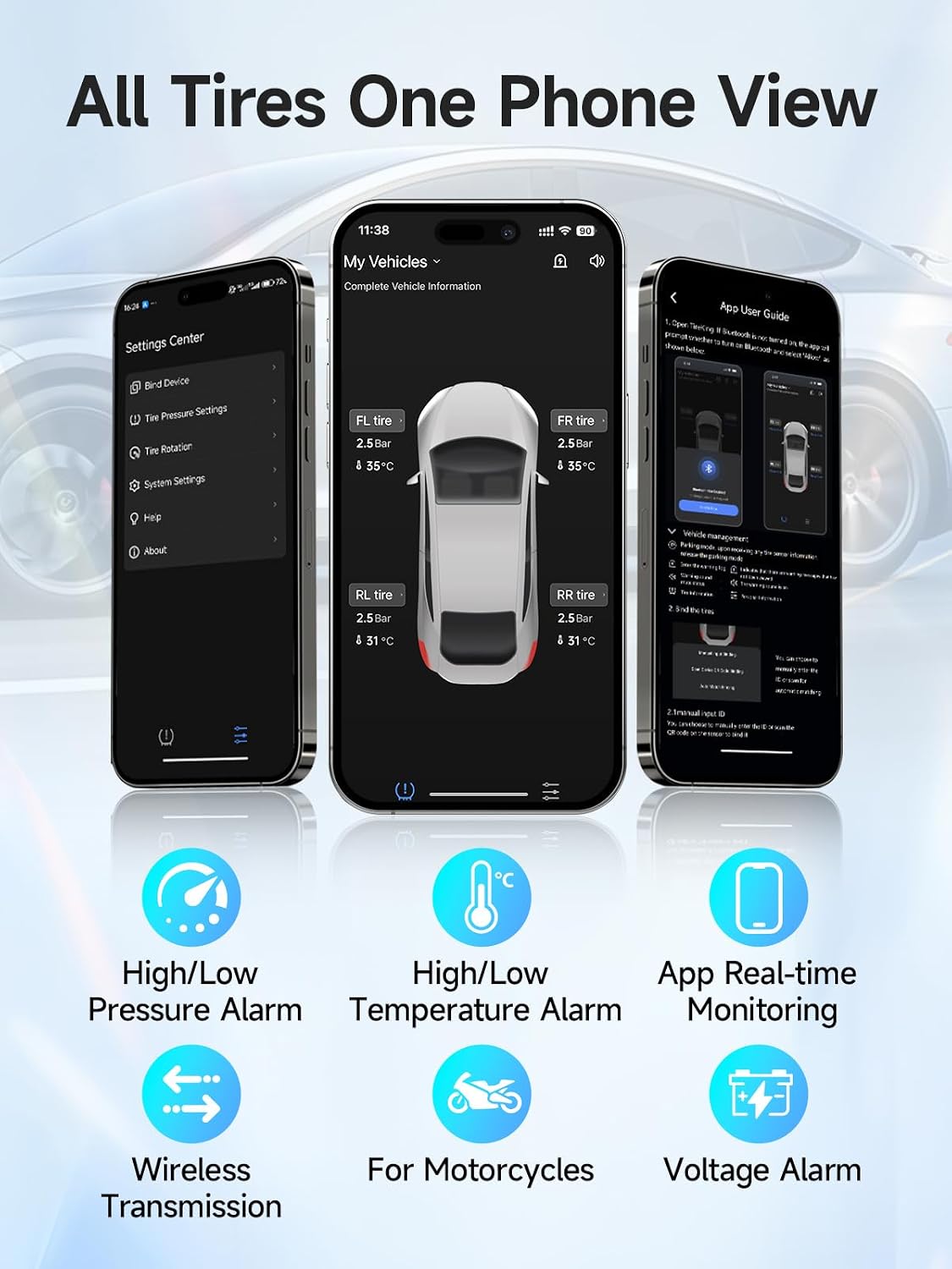 Tire Pressure Monitoring System TPMS Sensors Set of 4 for RV Cars | Wireless Bluetooth Tire Pressure Caps, Auto
