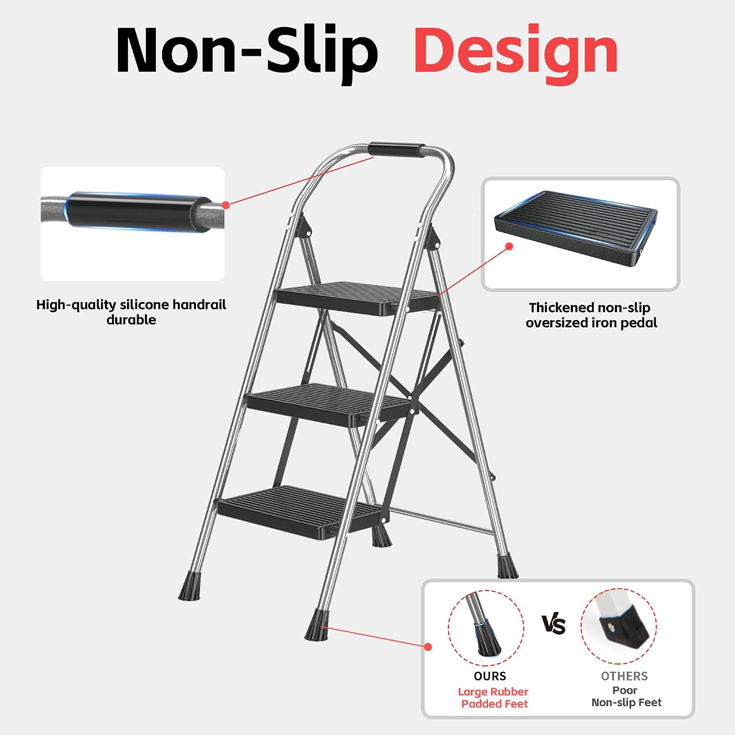 3 Step Ladder Foldable Folding Stool - for Home Adults Kitchen, Iron, Black, Extension Tall Heavy Duty with Handrails