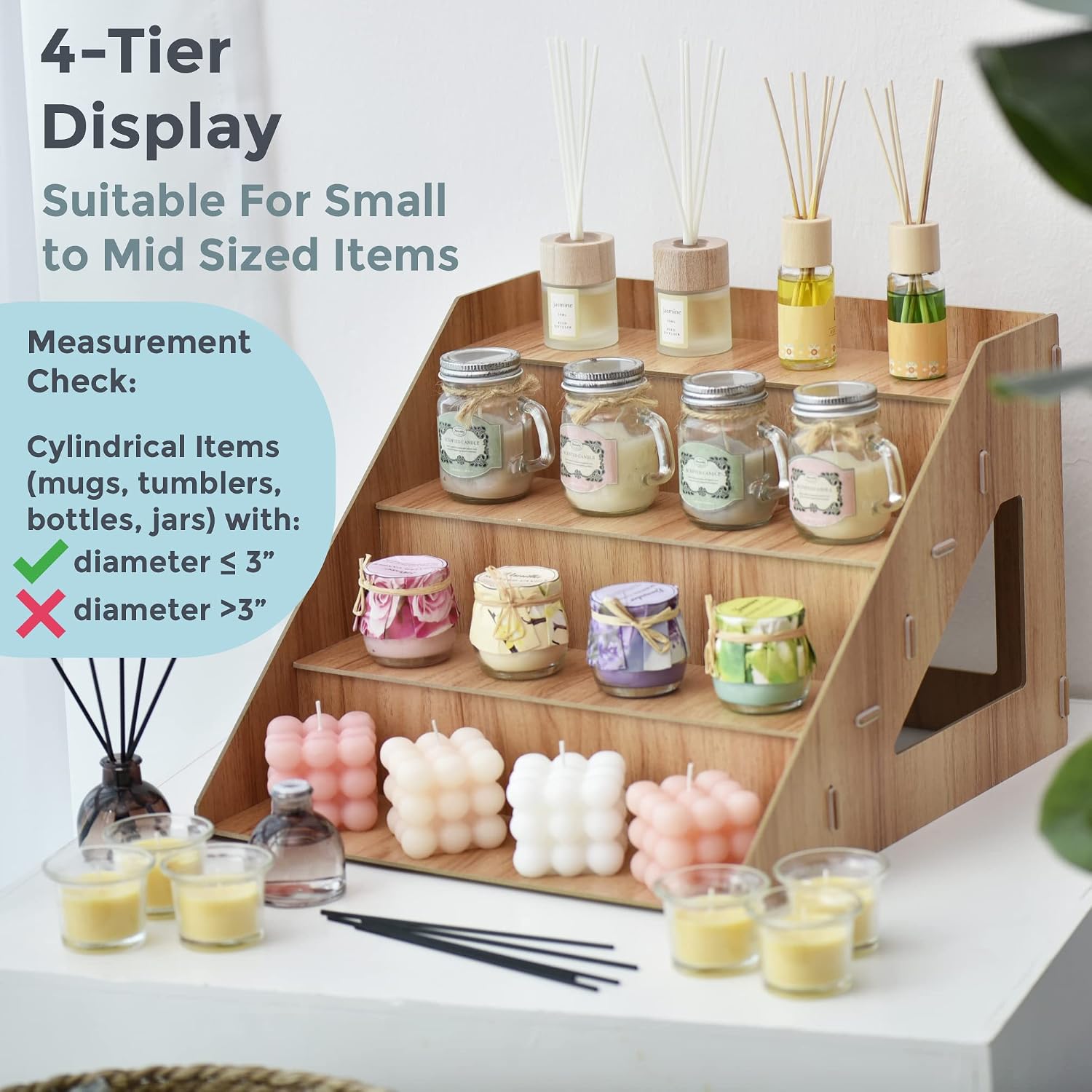 4-Tier Retail Wooden Display Riser - Farmers Market Craft Fair Display Rack - Candle Soap Display Stand for Craft