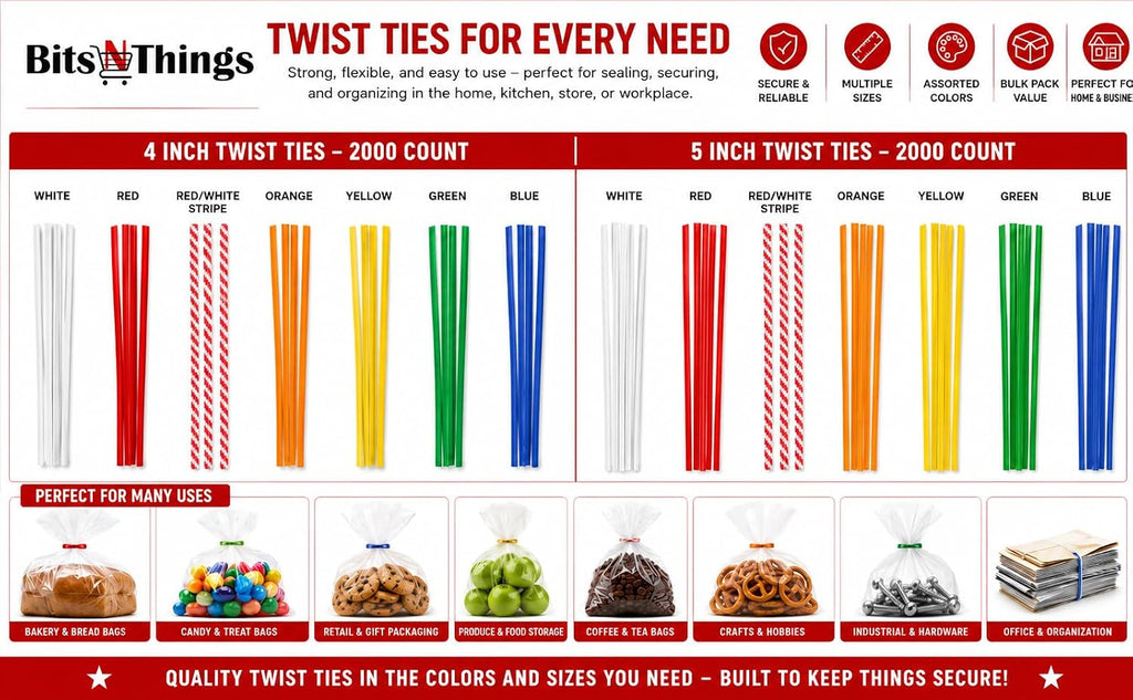 4 Inch Red Twist Ties - 2000 Count | Paper Coated Wire Bag Ties | Bread Bags, Bakery, Candy, Coffee & Food Packaging