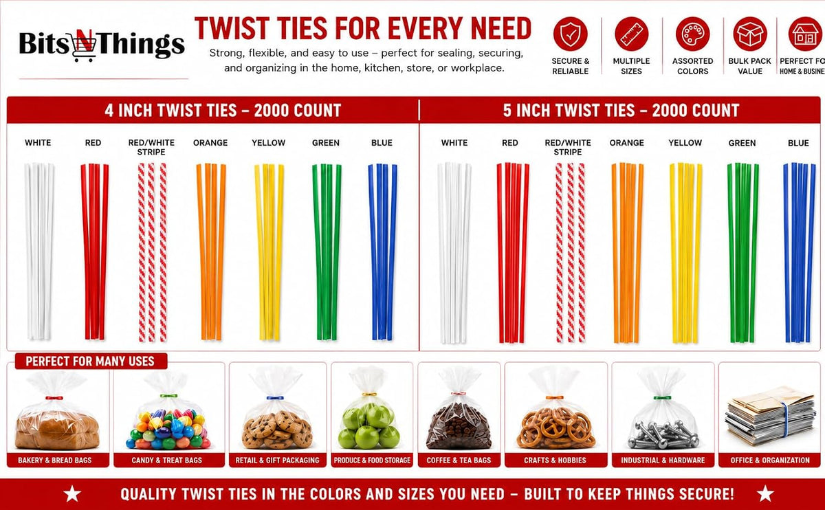 4 Inch Red Twist Ties - 2000 Count | Paper Coated Wire Bag Ties | Bread Bags, Bakery, Candy, Coffee & Food Packaging