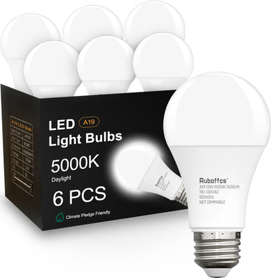 6 Pack A19 LED Light Bulbs,Daylight 5000K,100 Watt Equivalent