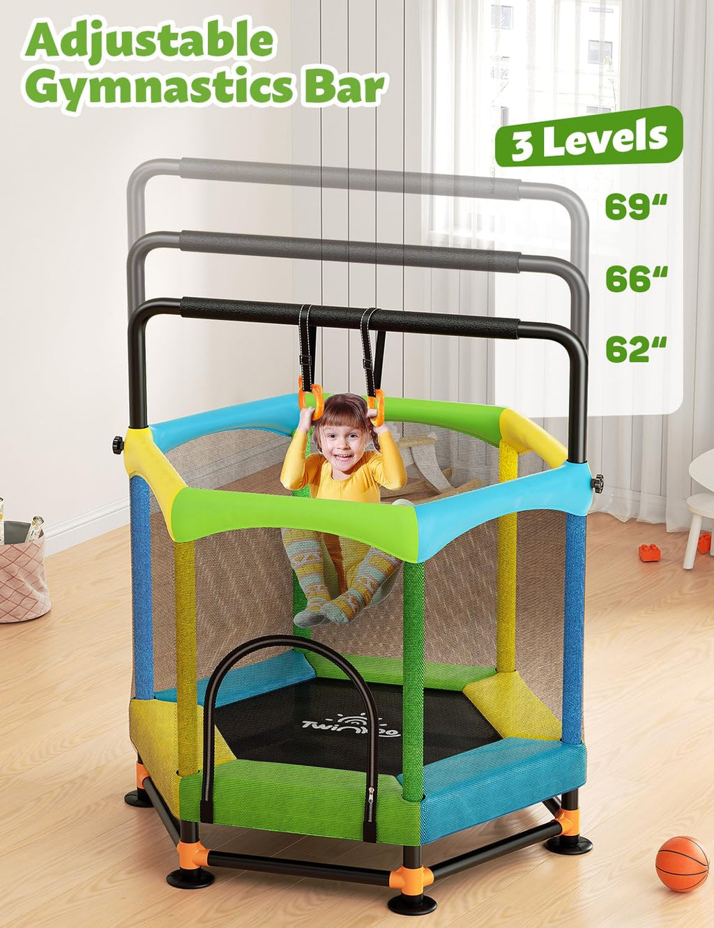 Toddler Trampoline for Kids with Foam Handle, Anti-Tilt Frame & Thick Padded Spring Cover, Indoor Outdoor Mini