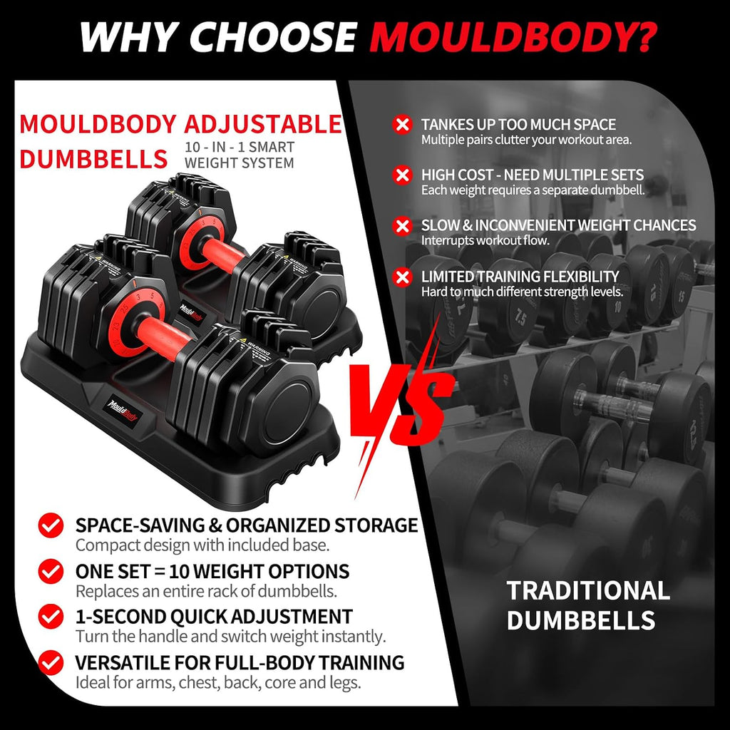 Adjustable Dumbbell Set Pair 25 lb or 50 lb, Adjustable Dumbbells 10-in-1 Free Weight Set, 1-Second Dial Weight