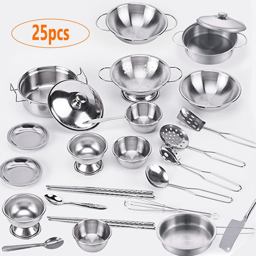 Tiny Classic Stainless Steel Kitchen Toys Cooking Utensils Set-Pretend Play Pots Pans Toy Cookware Kits for Kids