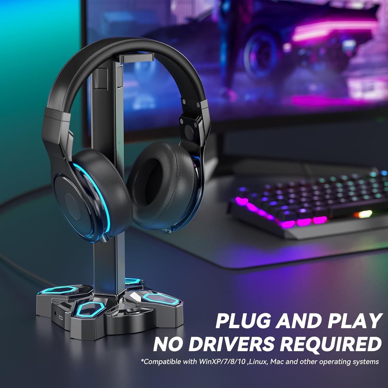 Gaming Headphones Stand, Rotatable Headset Stand with Light Modes - Controller Holder with 2 USB Charging Ports and