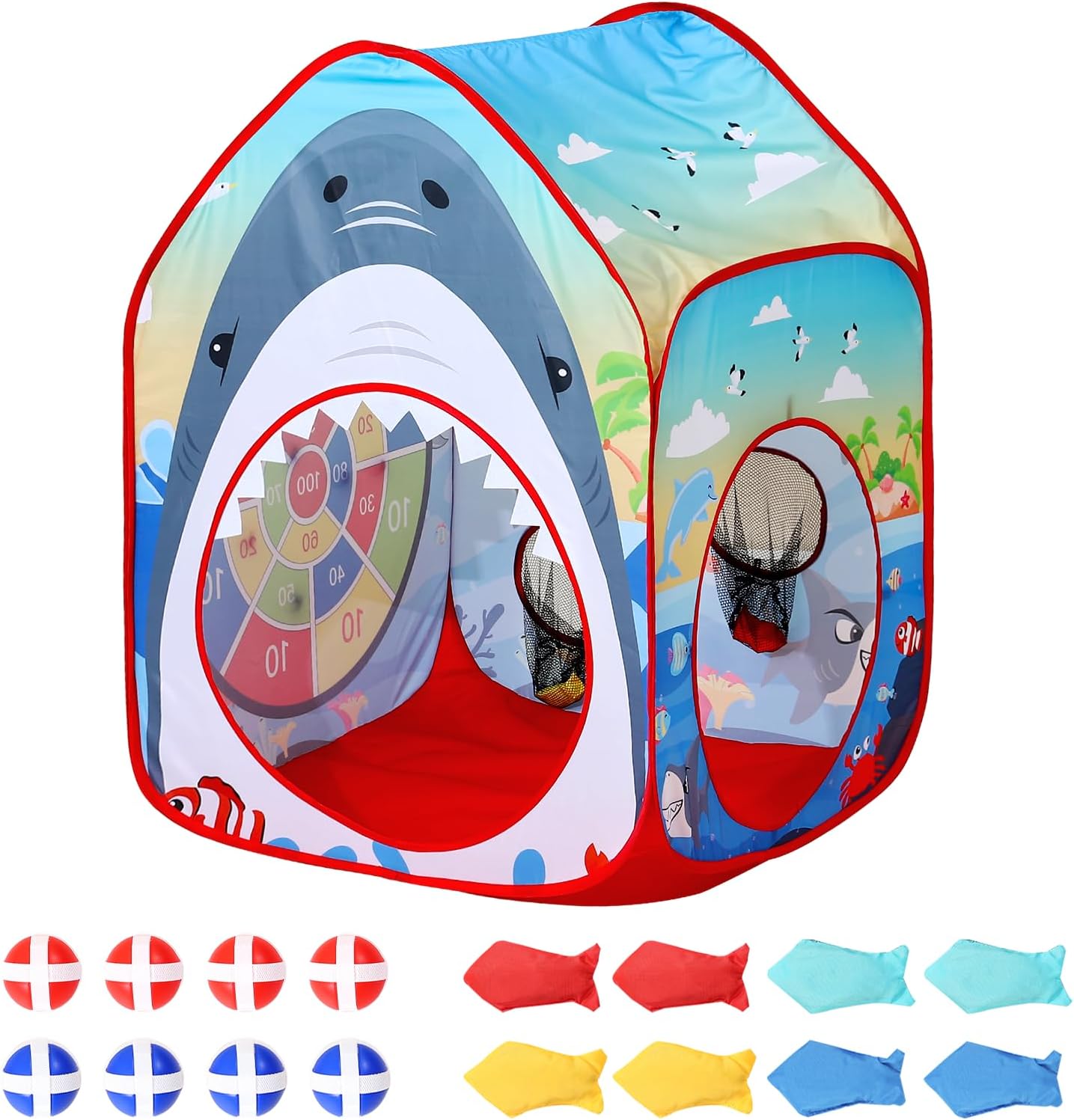 Shark Kid Play Tent Pop up Tent Play Tunnel Indoor and Outdoor Playhouse for Kid Beanbag Toss Game for Team