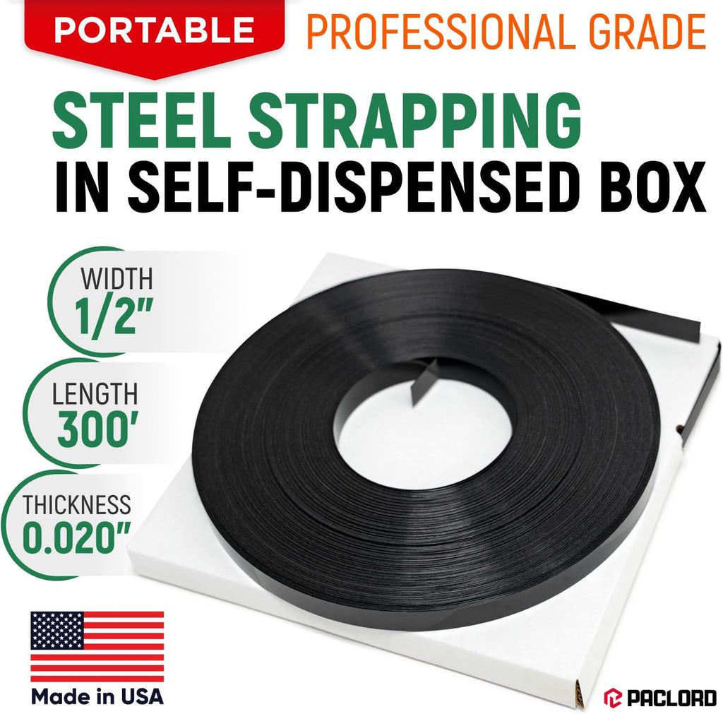 1/2" x 300' Heavy-Duty Steel Strapping in Portable Self-Dispensed Box, 0.020" Thick, 1180 Lbs Break Strength - Pallet