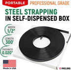 1/2" x 300' Heavy-Duty Steel Strapping in Portable Self-Dispensed Box, 0.020" Thick, 1180 Lbs Break Strength - Pallet