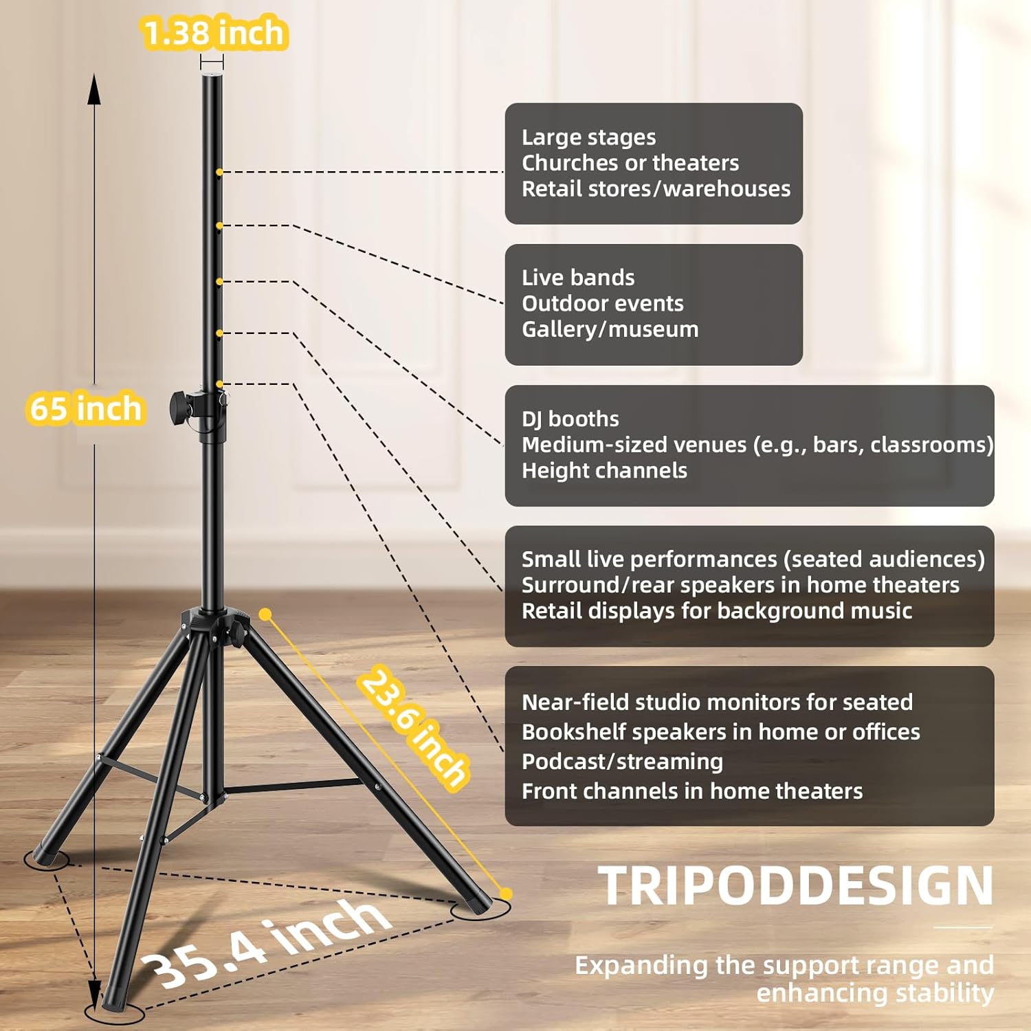 Stage Speaker Stand Tripod, Adjustable Height from 35 to 60 Inch Universal Heavy Duty 35 MM Compatible Insert
