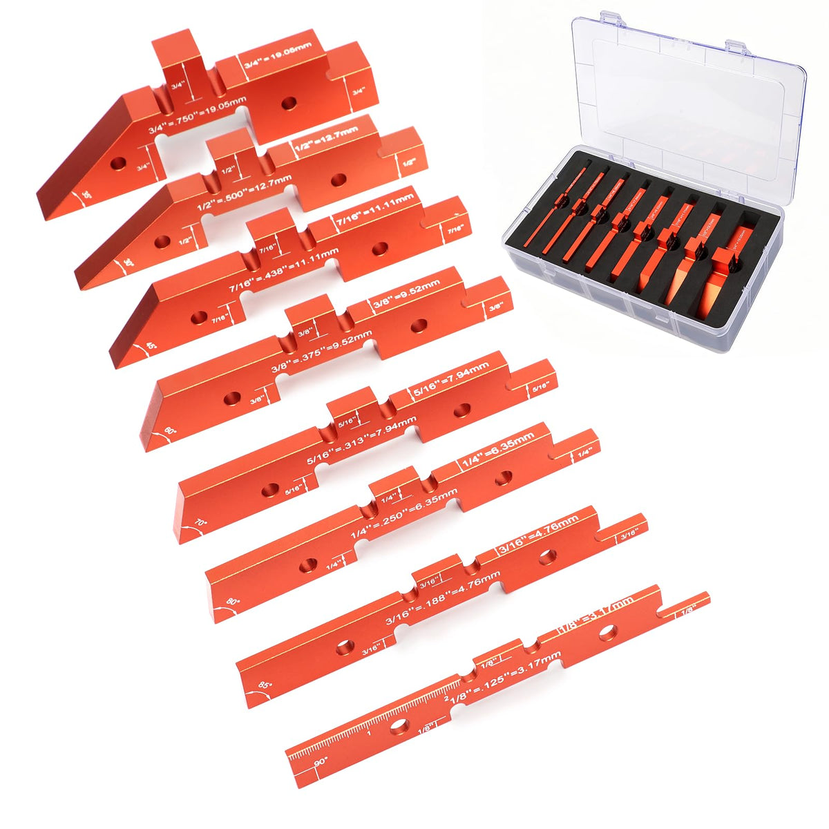 8-Piece Router Setup Bars, Precision Aluminum Positioning Blocks, for Router Table Saw Height Depth Angle Setting Measuring Tool With Storage Case (Each Setup Bars has Different Thickness)