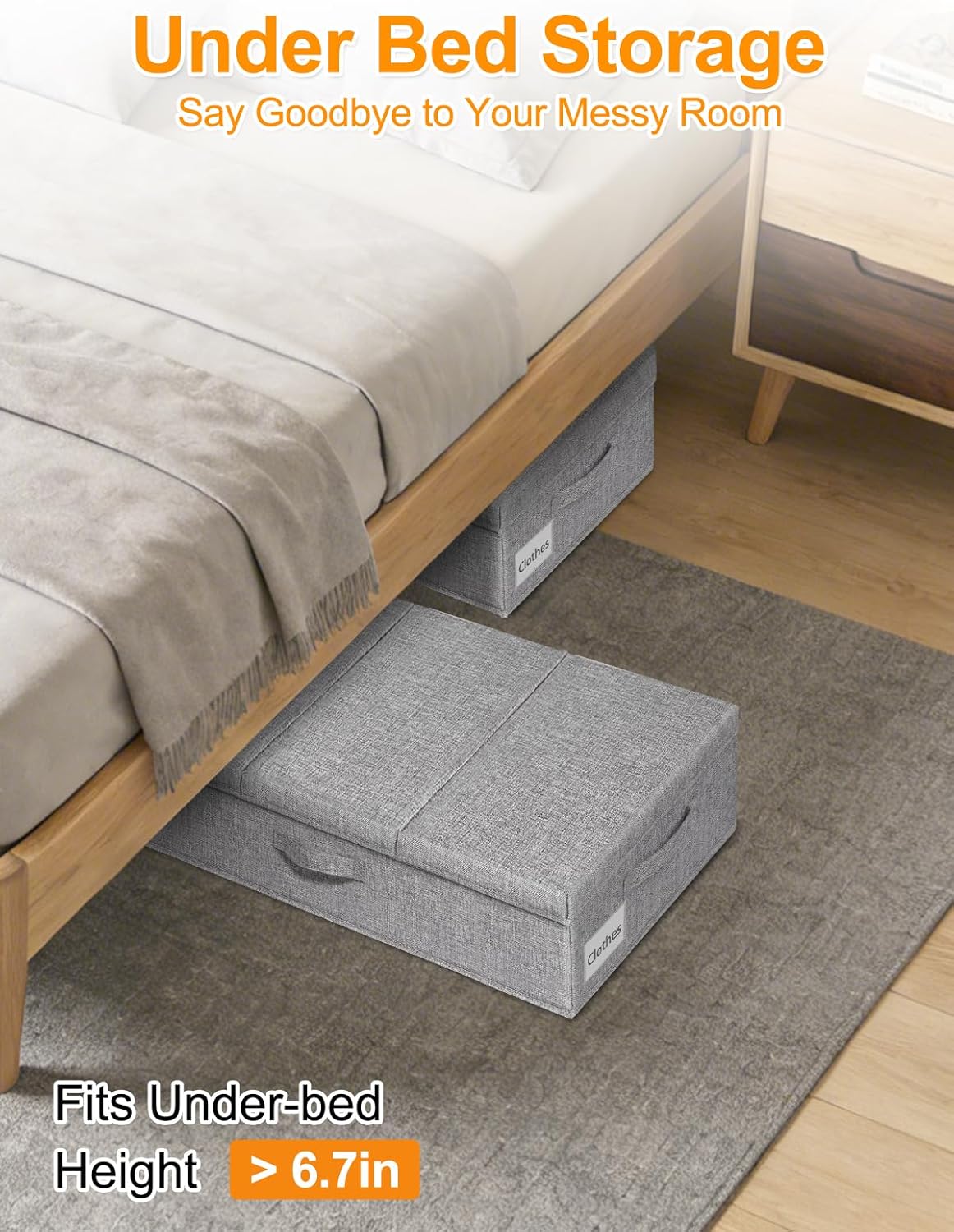 Under Bed Storage With Lids, 2 Pack Large Underbed Storage Containers Clothes W/ 3 Handles, Foldable Low Profile