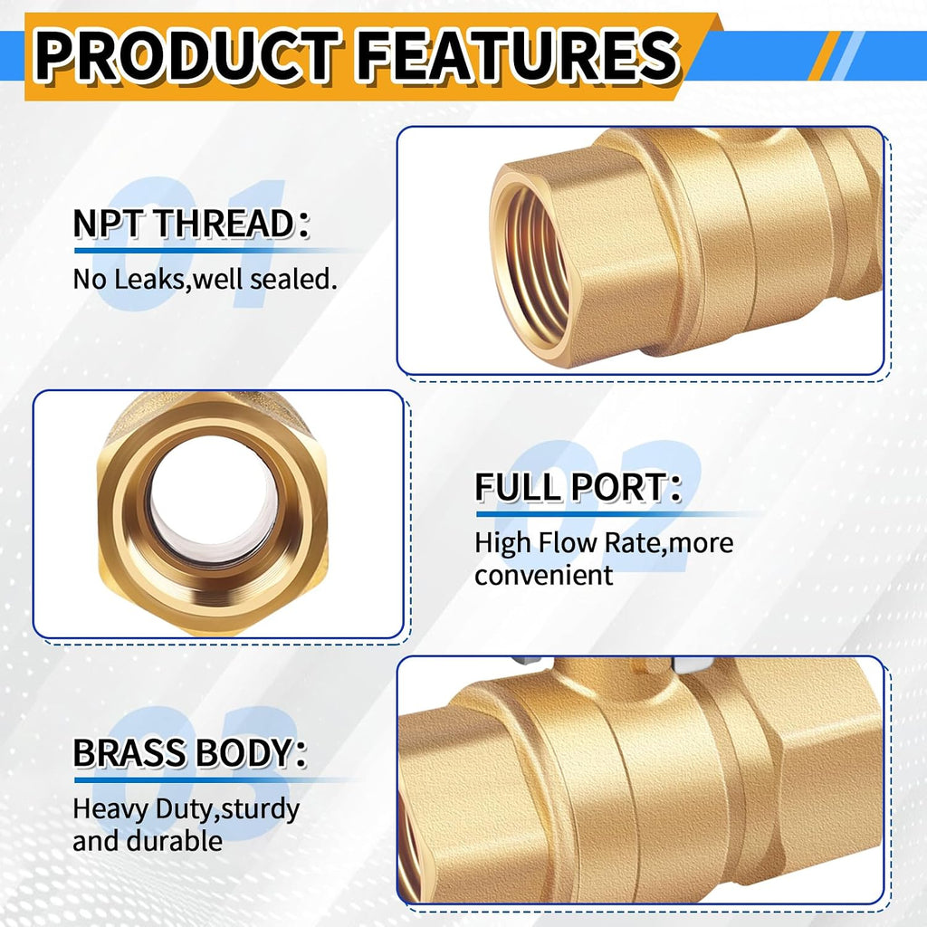 Boltigen 1/2 inch Brass Ball Valve, 2Pack Heavy Duty Full Port Forged Brass Shut Off Valve with Female NPT to Female NPT Thread 1/2'' Metal Plumbing Control Valve Connector Fitting 600 PSI WOG