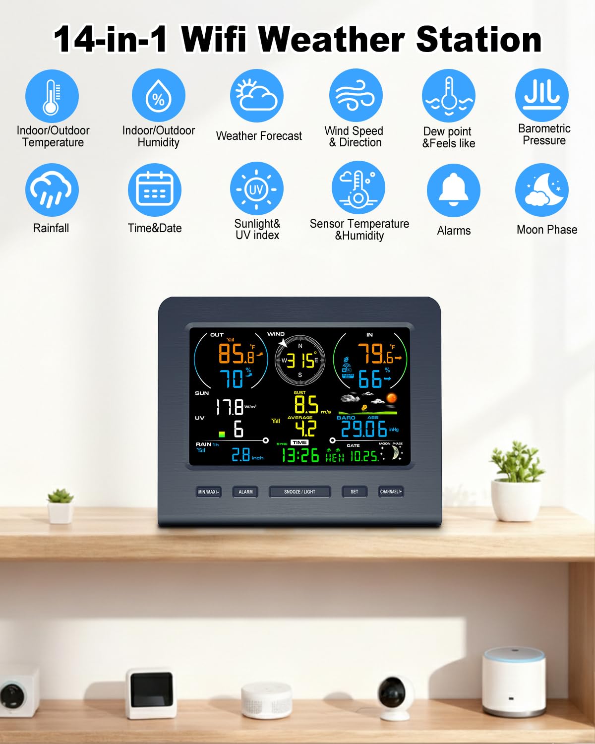 7-in-1 Wireless Weather Station with Outdoor Sensor, WiFi Indoor Outdoor Weather Stations, Rain Gauge, Anemometer