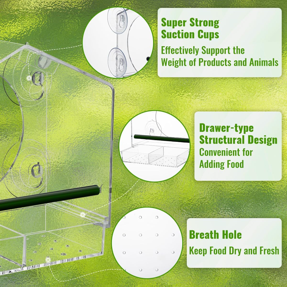 Window Bird Feeder with Strong Suction Cups - Slide-Out Tray