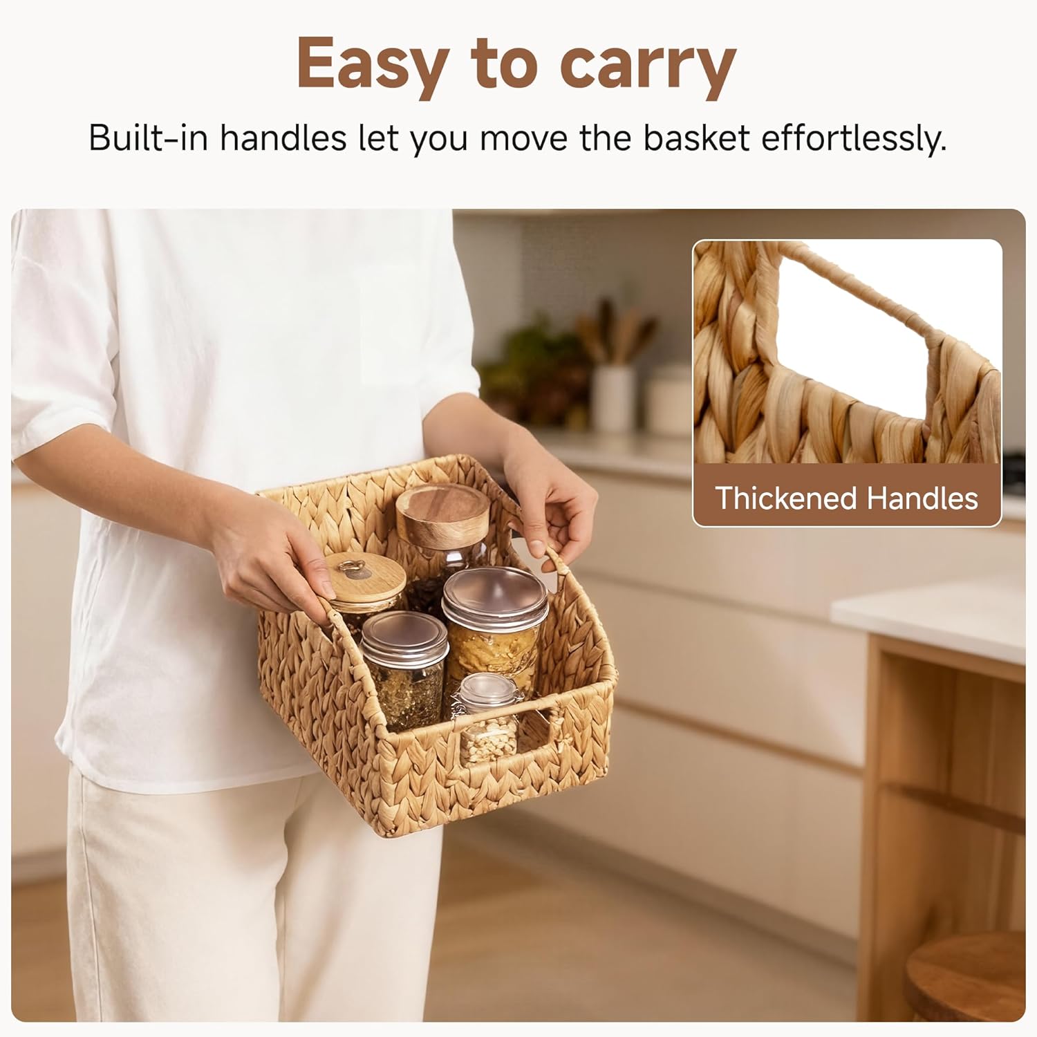 Pantry Baskets for Organizing, Wicker Basket with Built-in Handles, Handwoven Wicker Storage Baskets, Water Hyacinth