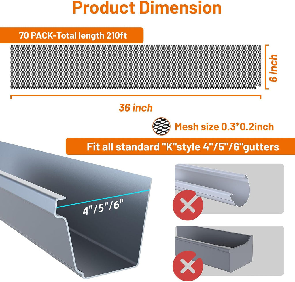 210 ft Mesh Gutter Guards 6 inch (70 Pack) - Fits 4,5,6 Inch K Style Gutters - Professional Black Steel Screens