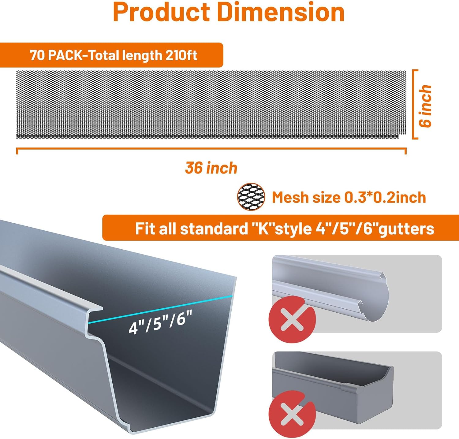 210 ft Mesh Gutter Guards 6 inch (70 Pack) - Fits 4,5,6 Inch K Style Gutters - Professional Black Steel Screens