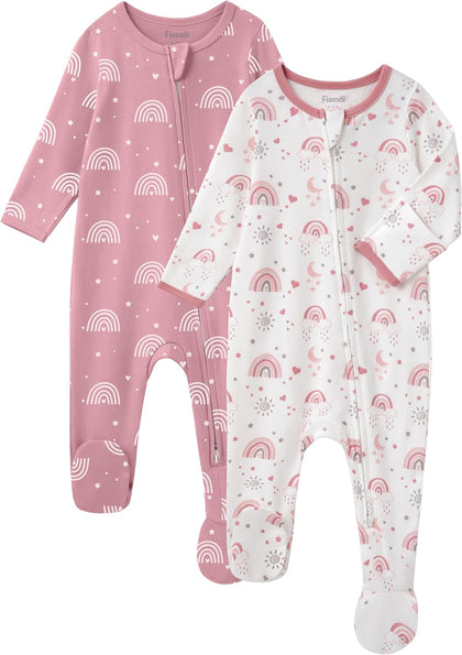 Baby Girl Sleepers 100% Cotton Footie Pajamas Newborn 0-3 3-6 6-9 Months with 2-Way Zipper, 2pcs PJs Baby Girl Clothes