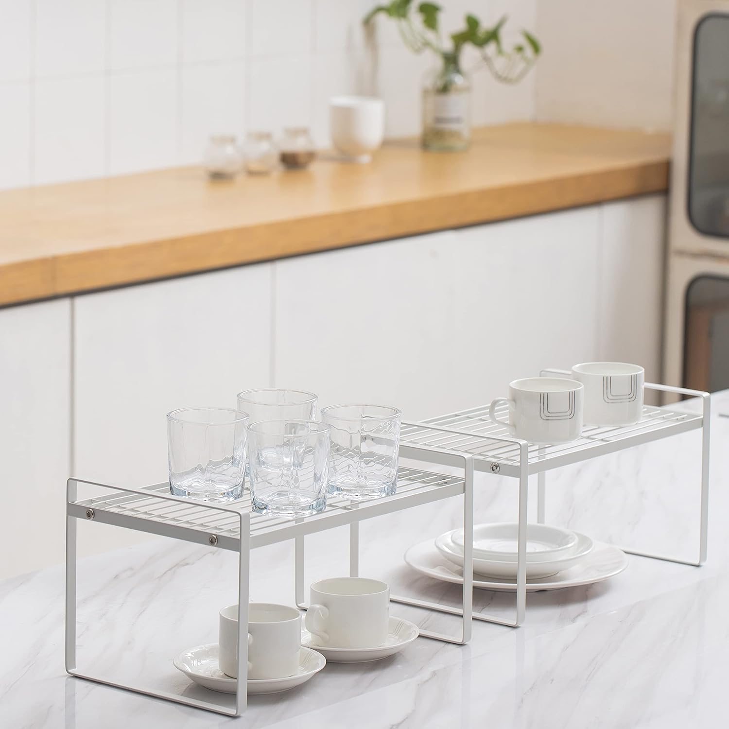 2 Pack Kitchen Cabinet Shelf Counter Organizer Rack Pantry Storage Bathroom Bedroom Office Table Desk Space Saving