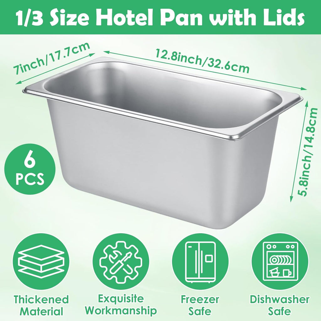 1/3 Pan 6 Inch Deep Stainless Steel Hotel Pans, 6 Pack