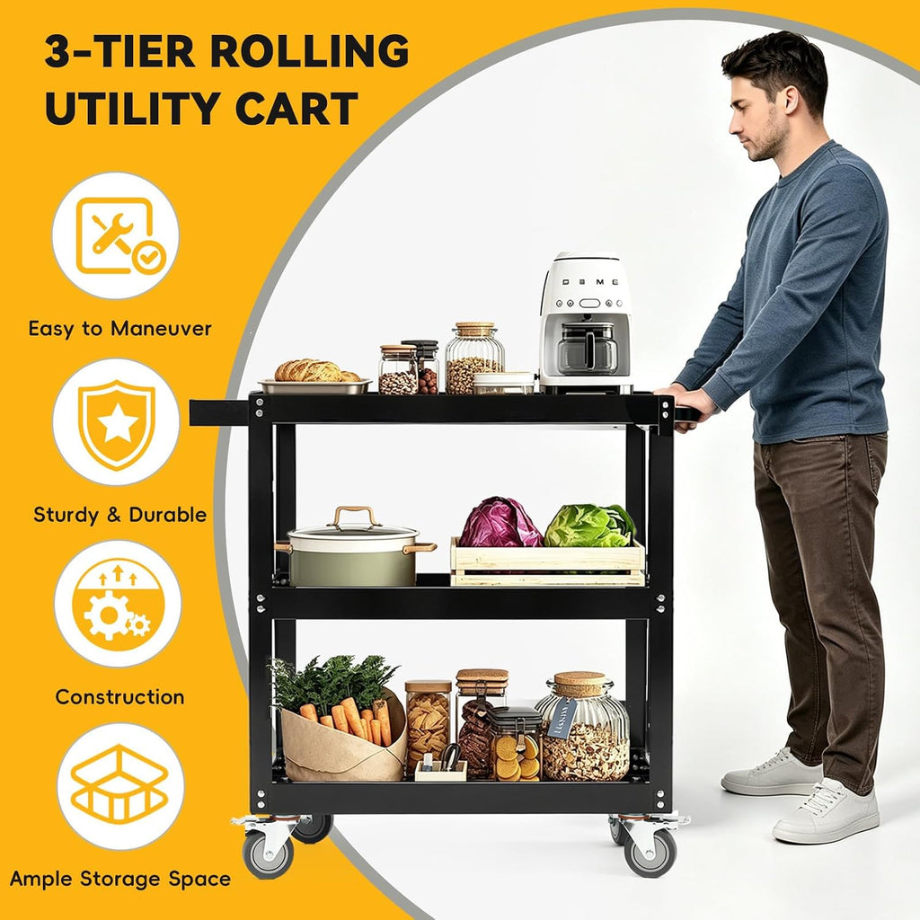 3-Tier Large Heavy-Duty Rolling Tool Cart, 550LBS Utility Carts with Swivel Wheels, Thickened Steel Frame Service