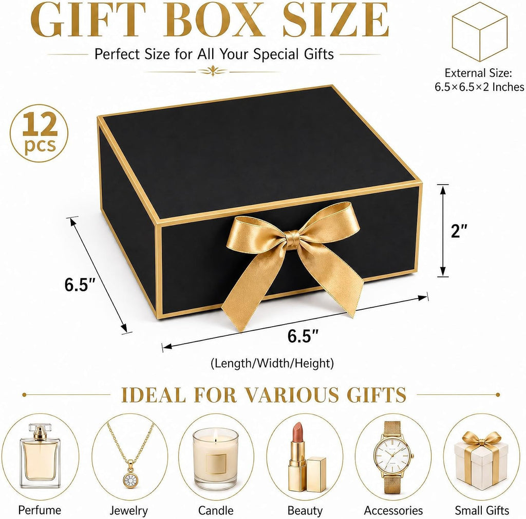 12Pack Small Gift Boxes with Lids, Black Boxes with Gold Ribbon