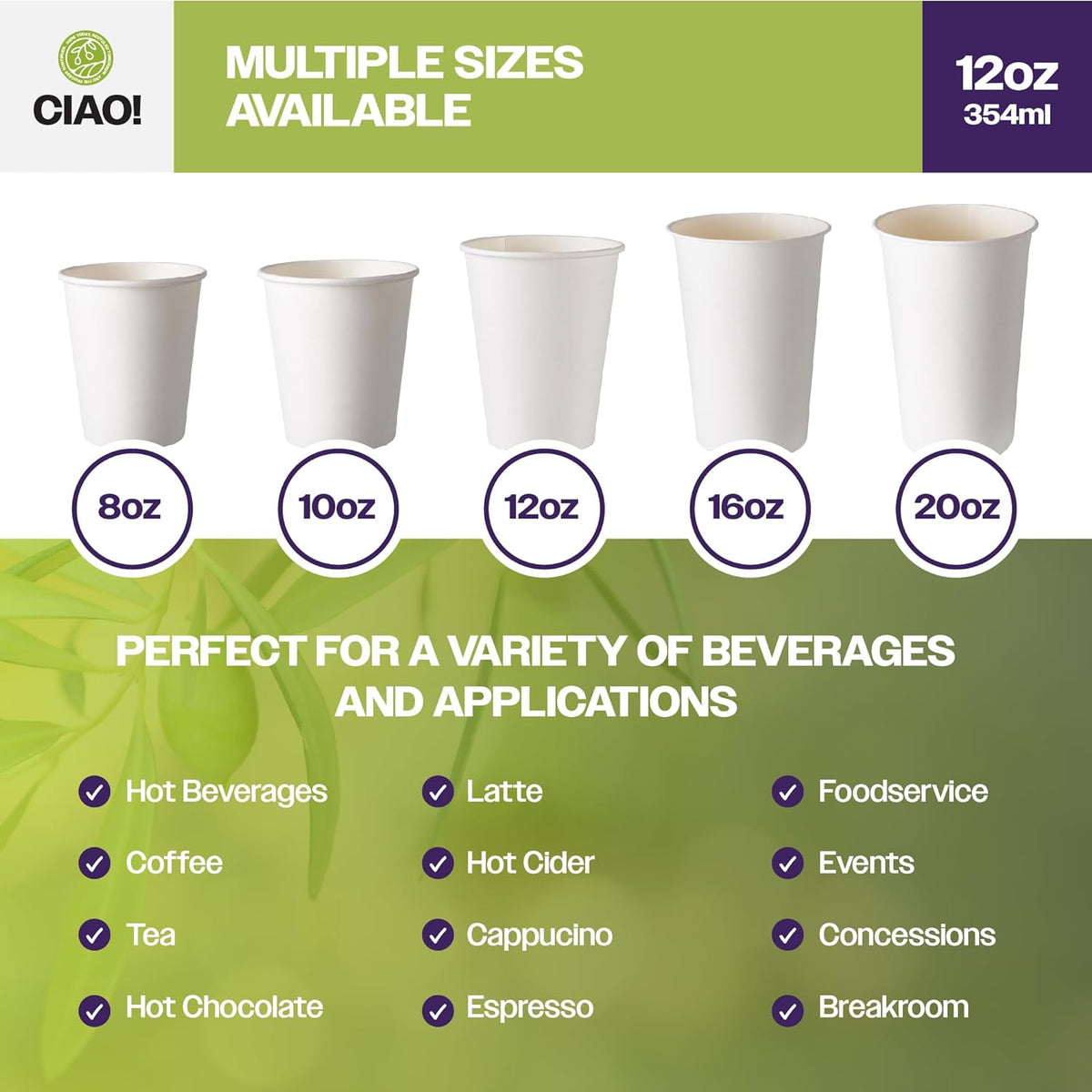 12oz White Paper Hot Cup, Disposable, 90mm Diameter 1,000 Count