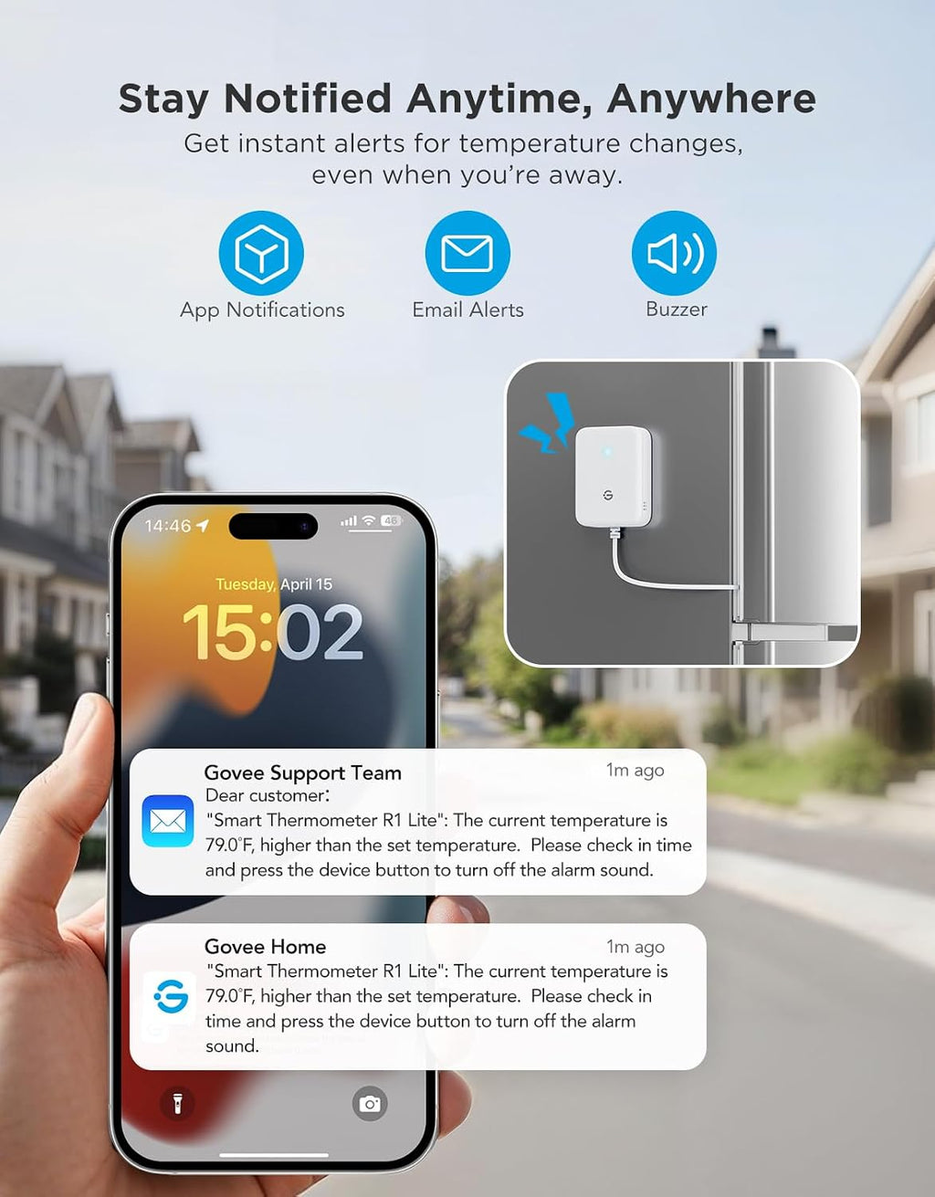 WiFi Refrigerator Thermometer Sensor with Alarm, 2-Pack & Gateway