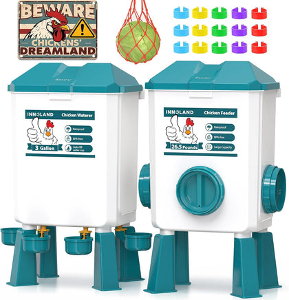 Chicken Feeder and Waterer Set - 3 Gallon/26.5 Pounds | Automatic Chicken Waterer, 4 Cups & 4 Feeder Ports, No Waste