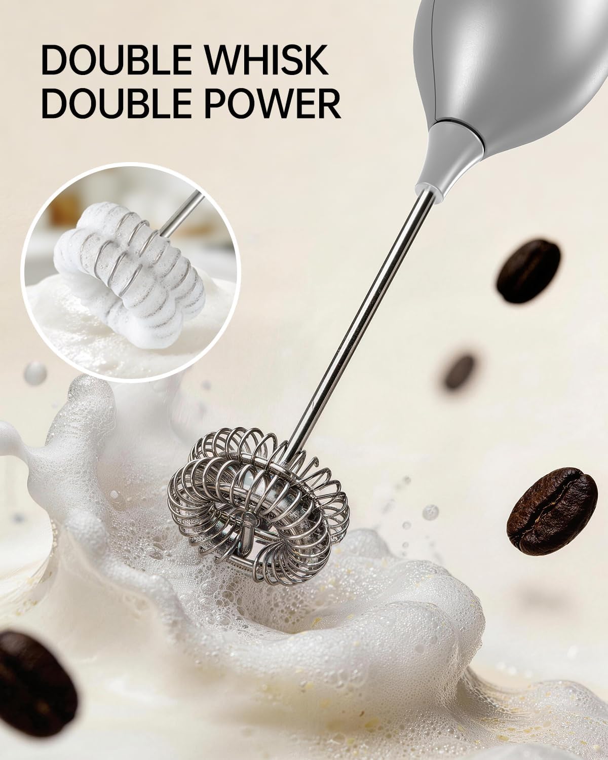 Rechargeable Milk Frother Handheld with Stand, Dual Spring Whisk Electric Foam Maker, Detachable Hand Frother Wand