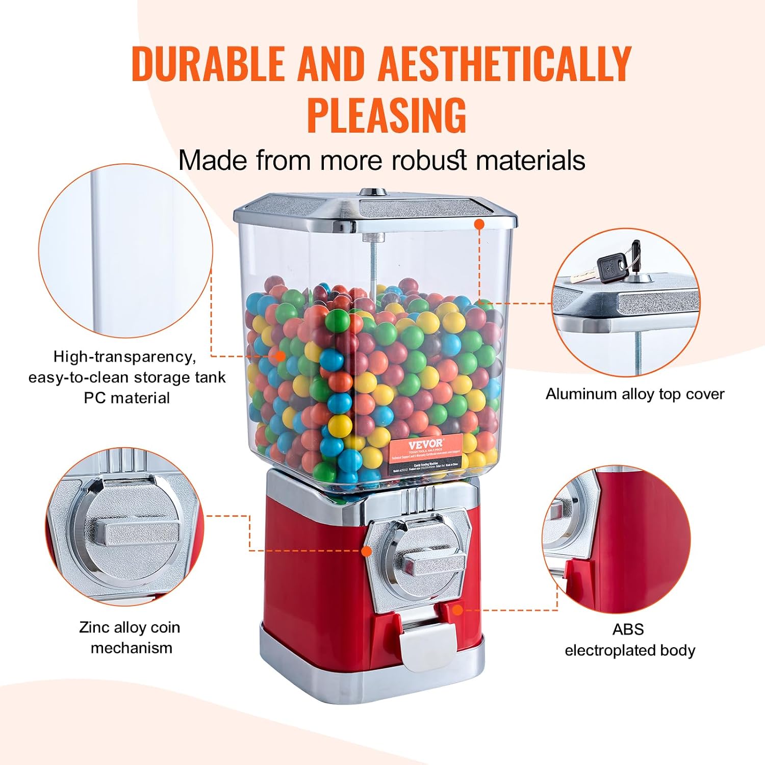 Gumball Machine for Kids, 17"H Home Candy Vending Machine, PC Gumball Dispenser, Bubble Gum Machine for Game Stores